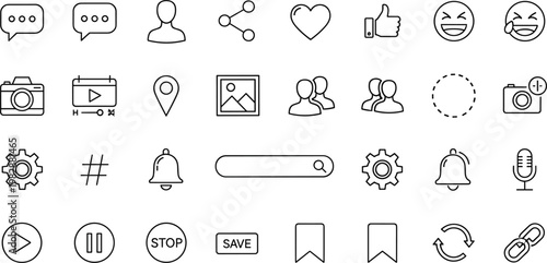 Modern multimedia and social media line icon set featuring communication, reactions, controls, settings, search, and interface elements