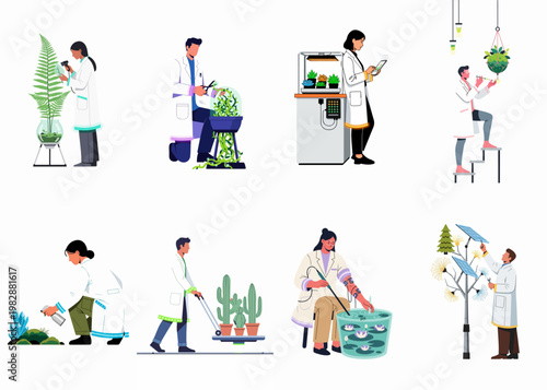 Collection of flat illustrations showing scientists in lab coats conducting research on various plants and sustainable energy sources in a laboratory setting.