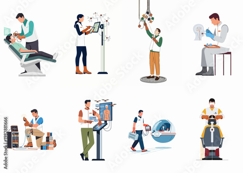 Collection of futuristic medical and scientific professionals using advanced technology for healthcare, diagnostics, and bioengineering research.