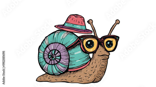 PNG cartoon snail with glasses and hat isolated on transparent background