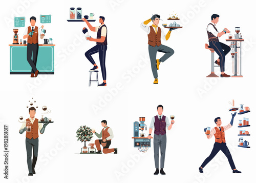 Set of futuristic and vintage-style male baristas and waiters in various poses, featuring cybernetic limbs and steampunk coffee-making equipment on a white background.