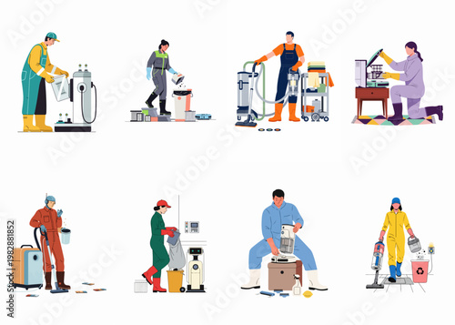 Flat vector illustration set of professional cleaners and technicians maintaining vacuum cleaners, industrial equipment, and machinery in various colorful uniforms.