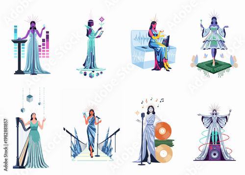 Collection of eight futuristic female musicians and goddesses blending music with advanced technology in stylized ethereal flat illustrations.