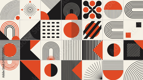 Abstract Bauhaus Retro Geometric Pattern Vector Set – Minimalist Black Orange White Grid Shape Design Elements for Background