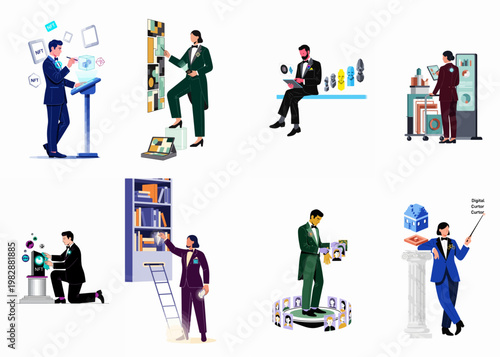 A set of illustrations featuring digital art curators and NFT experts managing, organizing, and showcasing virtual collections in a sophisticated gallery environment.