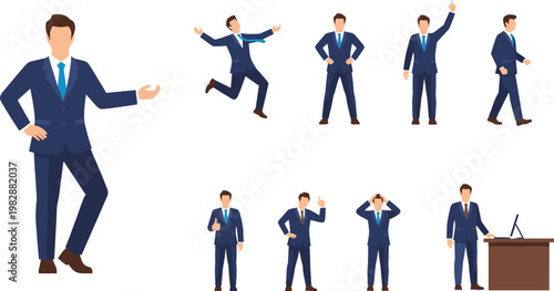 Businessman character vector set showing corporate professional in different poses presentation success stress office situations isolated illustration collection