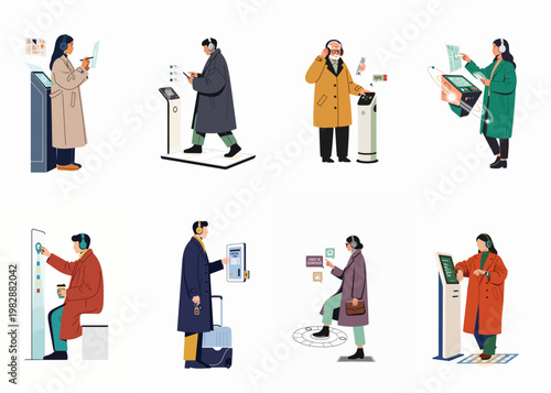 Vector illustration set of diverse people interacting with futuristic digital kiosks and smart city interfaces for navigation, travel, and information.