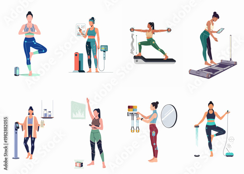 Flat vector illustrations of women using futuristic smart technology and wearable devices for yoga, exercise, and biometric health monitoring.