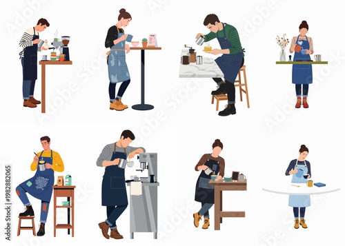 Collection of diverse male and female baristas in aprons making coffee, pouring milk, and using espresso machines in a modern flat illustration style.