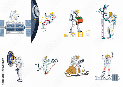 Vector illustration set of astronauts in white spacesuits performing diverse tasks during a space mission, from maintenance to research and exploration.