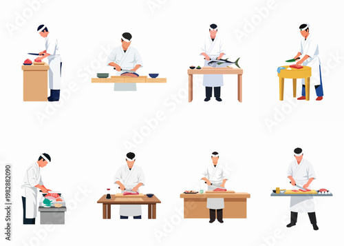 Collection of Japanese sushi chefs in traditional white uniforms preparing fresh fish and sashimi on wooden cutting boards, isolated on white background.