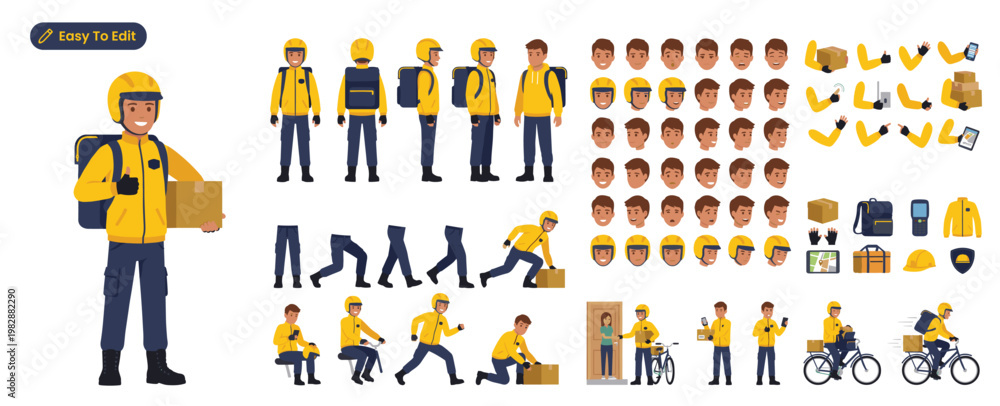 Fototapeta premium Male Delivery Man Character Constructor Kit Vector – Courier with Multiple Poses Expressions and Logistics Accessories