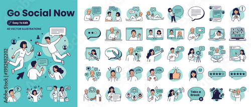 Go Social Now Social Media Vector Illustration Set – 40 People Communication Chat Network and Online Interaction Icons