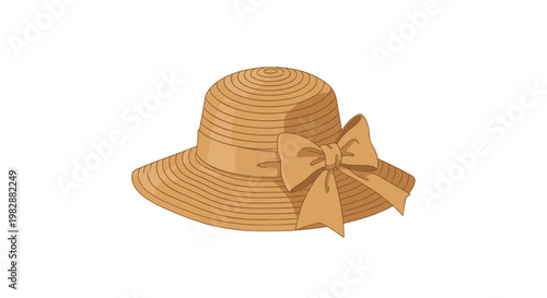 A stylish wide-brimmed tan straw sun hat rests gracefully against a stark white background featuring a meticulously tied decorative ribbon and elegant side bow.