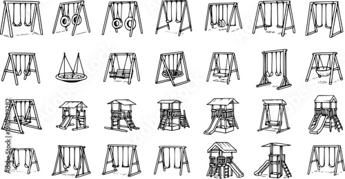 Children's Playground Equipment Line Art Collection: Various Swings, Swing Sets, and Playhouses with Slides in Black and White Doodle Style