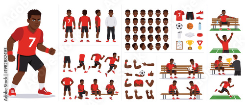 African American Male Football Soccer Player Character Constructor Kit Vector – Athlete with Multiple Poses Expressions and Sports Accessories