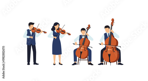 A professional string quartet consisting of four faceless musicians in formal blue vests performs together against a bright white background with elegant poses.