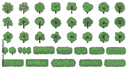 Collection of various green pixel art trees and shrubbery isolated on white