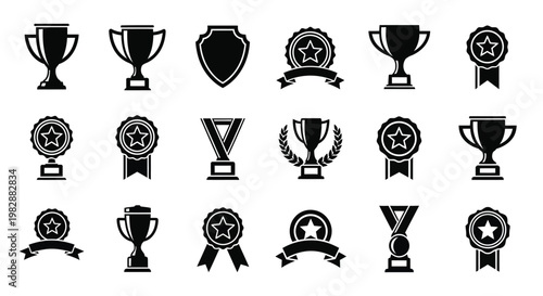 Collection of black silhouette trophies shields and award ribbons