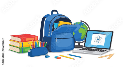 School supplies including a backpack books laptop and globe illustration