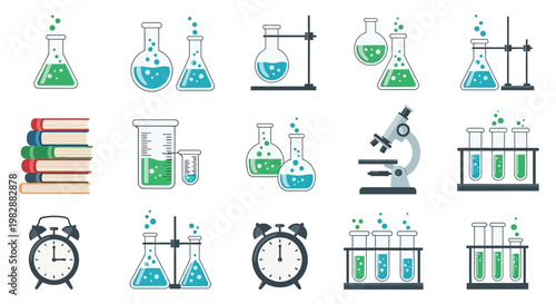 Colorful illustration depicting various science lab equipment and tools