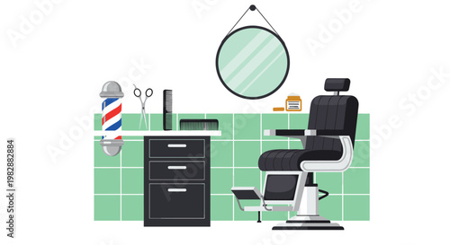 A contemporary barber shop interior displays a sleek black leather chair positioned before a mint green tiled wall with professional grooming tools and mirrors.