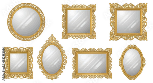 Collection of ornate golden frames and reflective mirror surfaces displayed