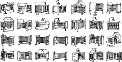 Baby  Children Nursery Cribs and Cots Collection: Hand-Drawn Black and White Line Art Set of Various Designs for Infant Sleep Furniture