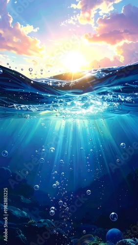 A serene underwater scene with sunbeams piercing through the water's surface