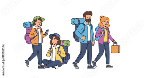 A group of young adults hiking and traveling with backpacks