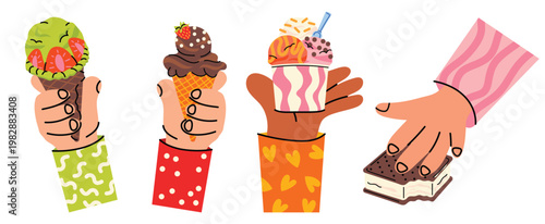 Trendy hands with ice cream Cute and colorful collection of different ice cream desserts: popsicles, gelato in cups, waffle cones. Sweet summer illustrations, perfect for kids, packaging.