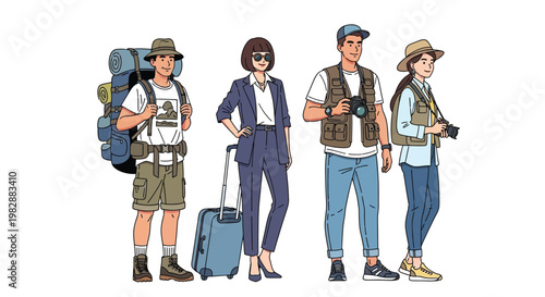 Diverse group of travelers with varying luggage and outdoor attire illustrated