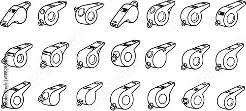 Black and White Line Art Whistles Vector Set for Sports, Safety, and Refereeing. Outline Coach and Security Whistle Icons Collection.