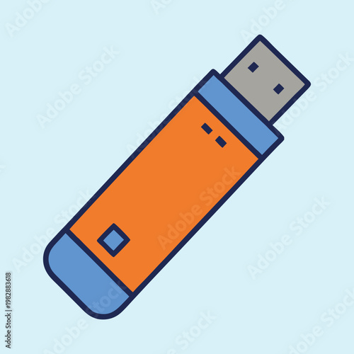 Stylized image of an orange and blue USB flash drive on light blue
