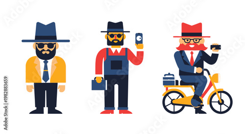 Three stylized men with hats and phones in a flat design