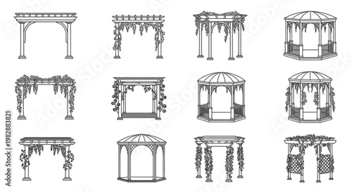 Collection of architectural garden structures pergolas and gazebos