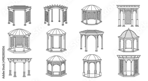 Architectural designs of various garden gazebos and ornamental structures