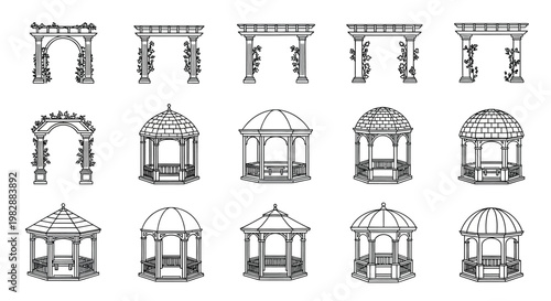Collection of various garden structures and decorative architectural elements