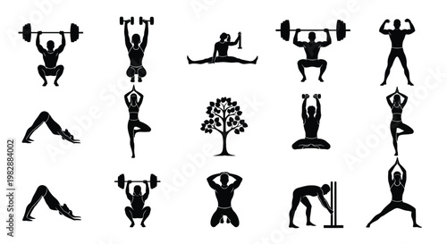 Silhouettes depicting various fitness activities yoga poses and a tree