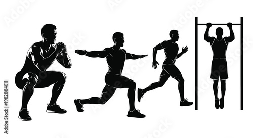 Silhouettes of athletes performing various dynamic exercise movements