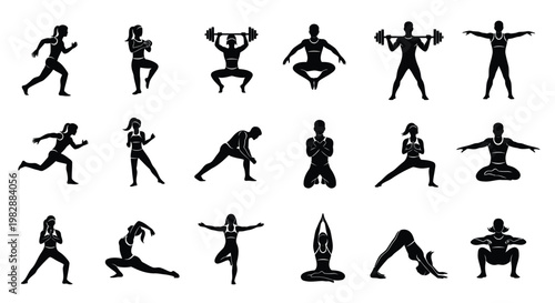 Silhouettes of people performing various fitness exercises and yoga poses