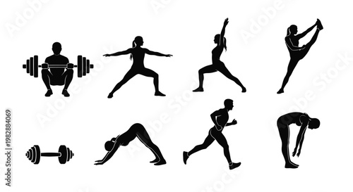 Silhouettes depicting various fitness exercises and physical activity poses