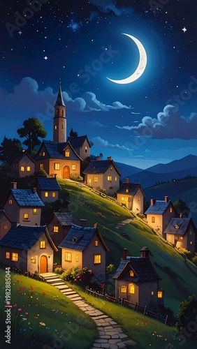 A serene village under a crescent moon