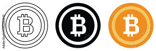 Set of three bitcoin icons in different styles, including outline, solid black, and flat orange design, representing cryptocurrency and digital finance concepts