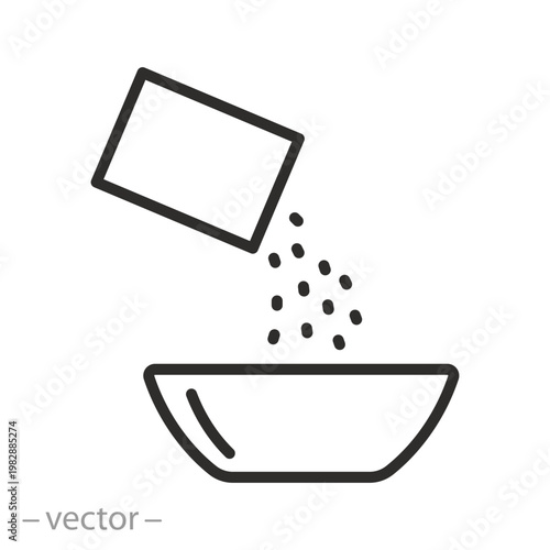 Pour contents into a bowl icon, add ingredient, cooking in the kitchen, flour, salt or sugar, thin line symbol isolated on white background - editable stroke vector illustration eps 10