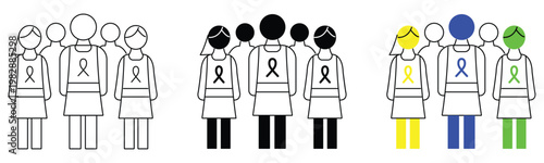 Set of icons of people wearing awareness ribbons on their clothes, representing different causes