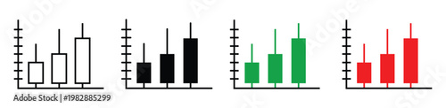 Set of four candlestick charts showing stock market trends with different colors and styles, financial trading analysis icons, vector illustration