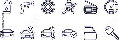 Stylized decorative automotive maintenance silhouette illustration featuring oil fluid, spray gun, fan ventilation, car seat radio speedometer, GPS repair artwork design.