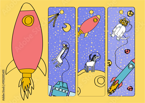 Hand-Drawn Space Adventure Bookmarks with Astronaut Animals