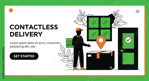 Stylized decorative contactless delivery logistics silhouette illustration featuring courier package, safe doorstep service, e‑commerce shipping, modern business artwork design.